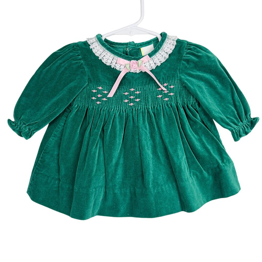 Vtg 90s Unbranded Smocked Lace Trim Velvet Dress Green Pink - 3-6 Months